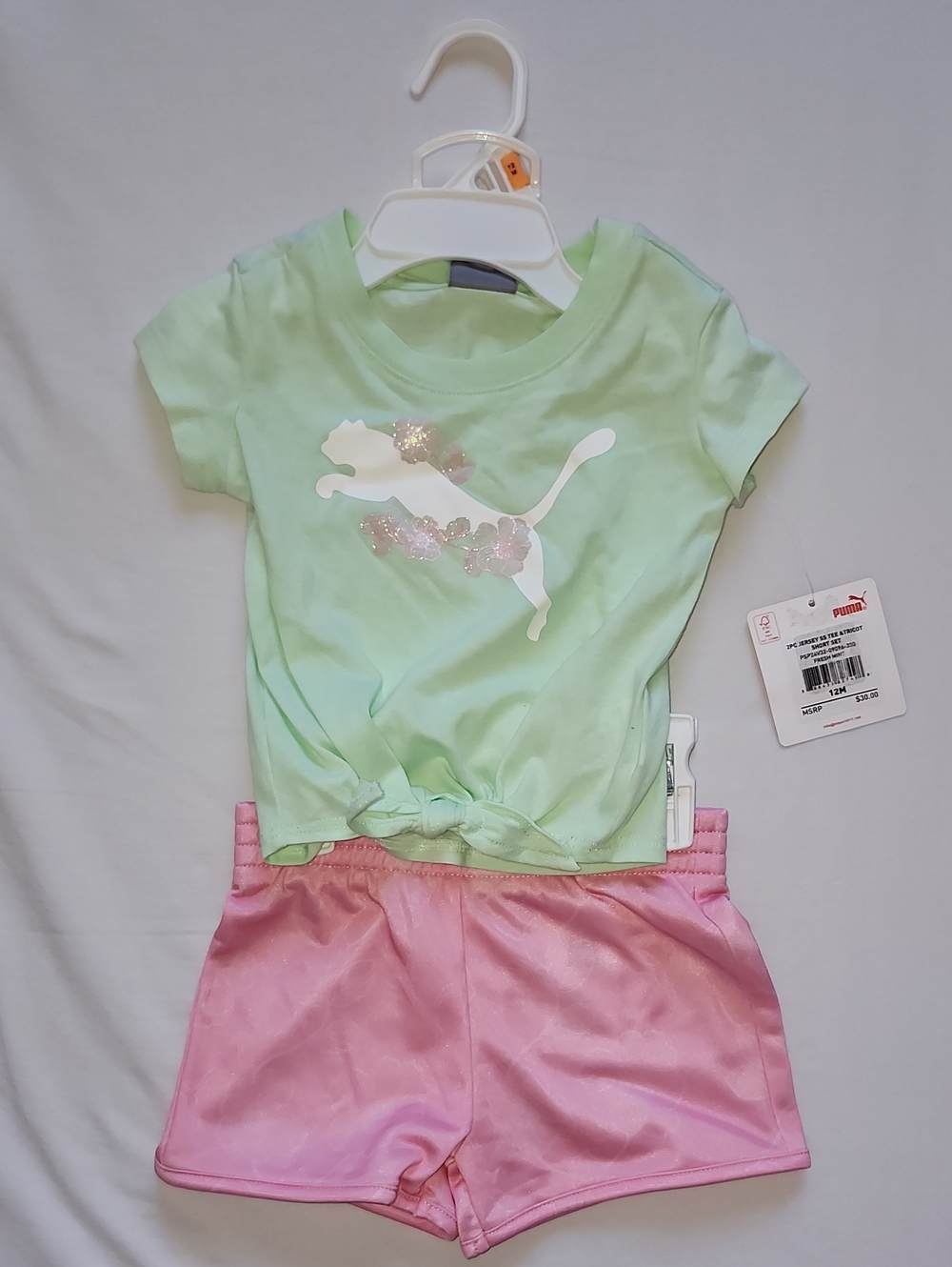 Puma Girls 2pc Shorts Set Mint Green Tie Front T-Shirt Pink Athletic Shorts 12M
